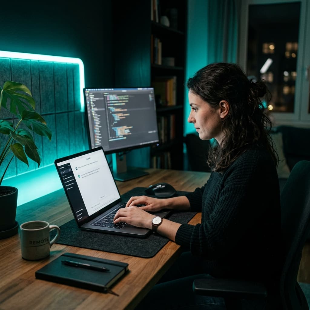 Pessoa usando laptop com interface do ChatGPT aberta em escritório moderno com iluminação teal