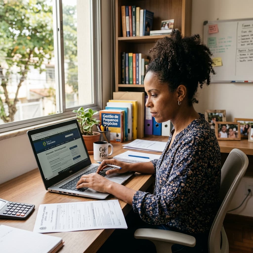 Empreendedor brasileiro em home office fazendo cadastro de MEI no notebook com documentos organizados na mesa