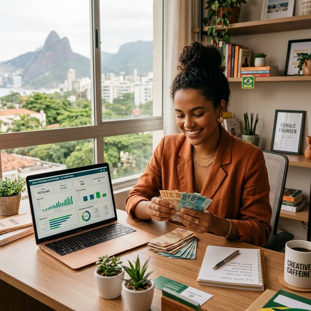 Empreendedor brasileiro em home office com laptop mostrando dashboard de renda online