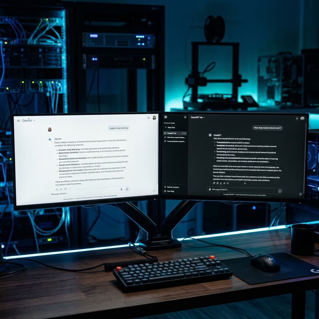 Dois monitores lado a lado mostrando interfaces do Google Gemini e ChatGPT em laboratório tecnológico com luz azul e teal