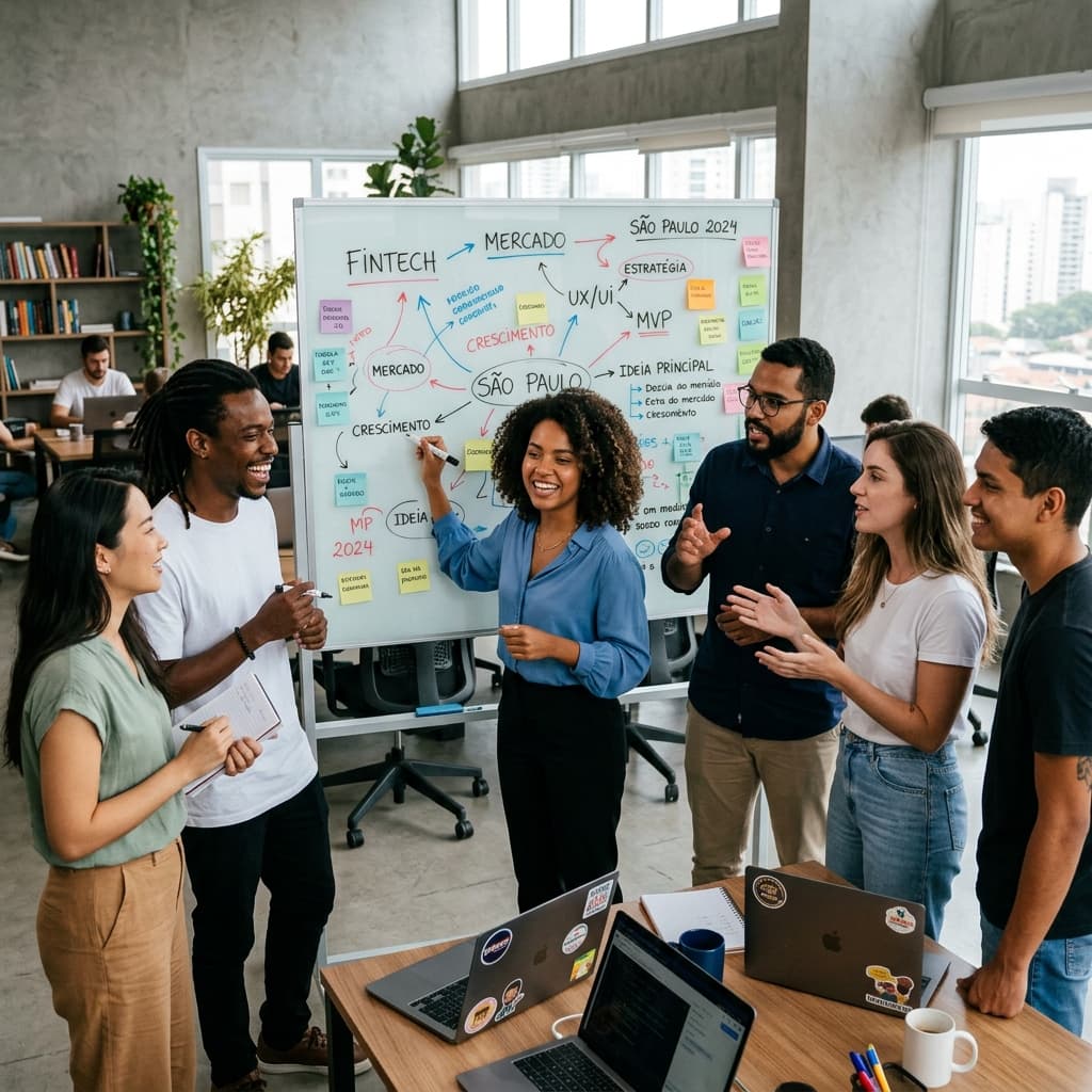 Grupo de jovens empreendedores brasileiros em co-working discutindo ideias de negócio em quadro branco