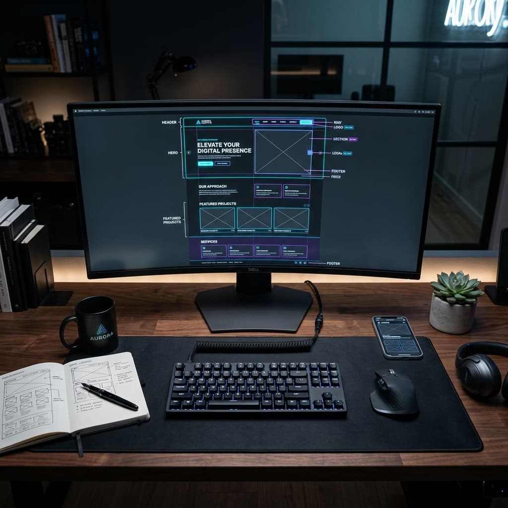 Tela de computador exibindo um modelo de site estratégico de tecnologia